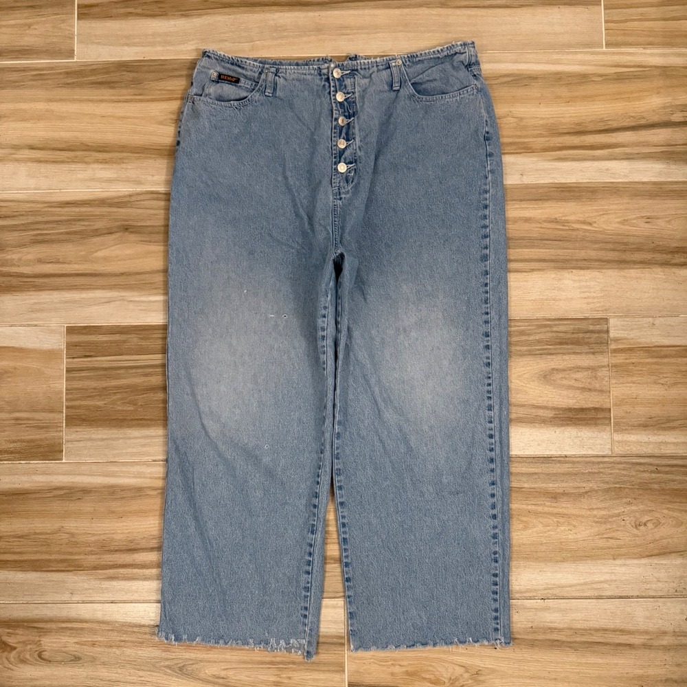 Vintage 90s Revolt Wide Leg Jeans Cinch Back Button Fly Light Wash Size 22
